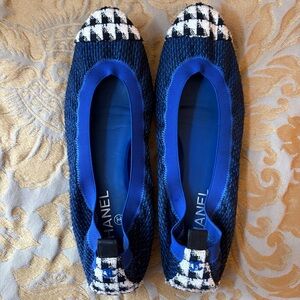 🥀 CHANEL Tweed Ballet Flats Blue & Black White Cap Toe Size 42 / womens 11 🥀